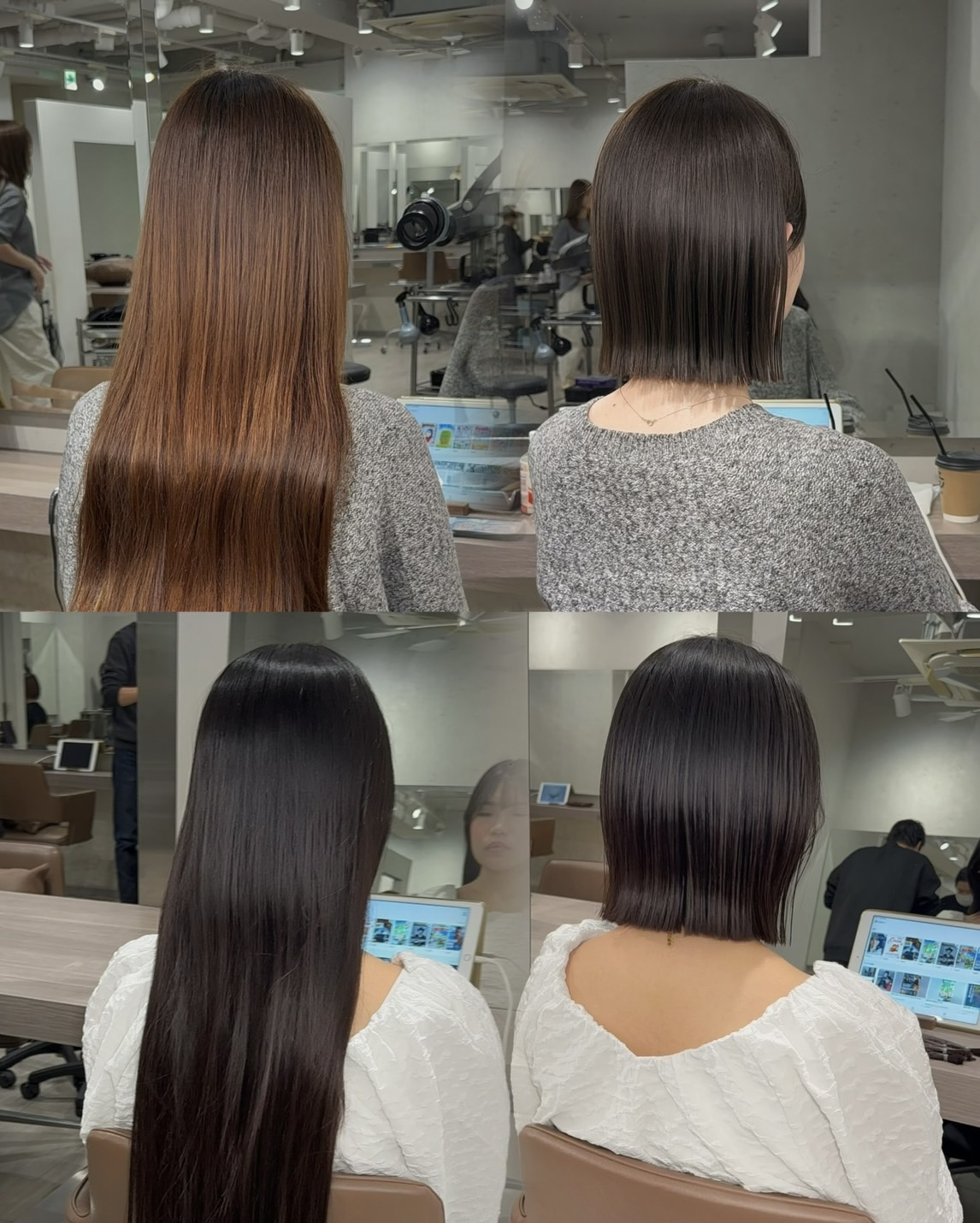 ロングからボブへカットした2組の施術前後。各段の左がBefore、右がAfter